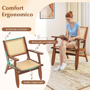 Poltrona Lounge, Poltrona Ergonomica in Rettan e Bambù con Schienale e Braccioli, Portata 150 kg, Sedia Bohemien per Soggiorno, Camera da Letto e Studio