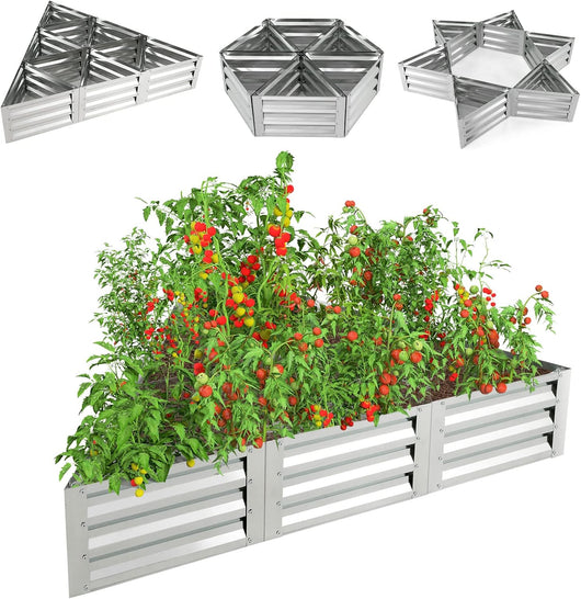 Letto da Giardino Rialzato Galvanizzato Triangolare, Kit di 6 Scatole Metalliche per Ortaggi, Fiori e Erbe, Fioriera da Giardino, Cortile e Balcone, Guanti Inclusi, 150 x 150 x 30cm