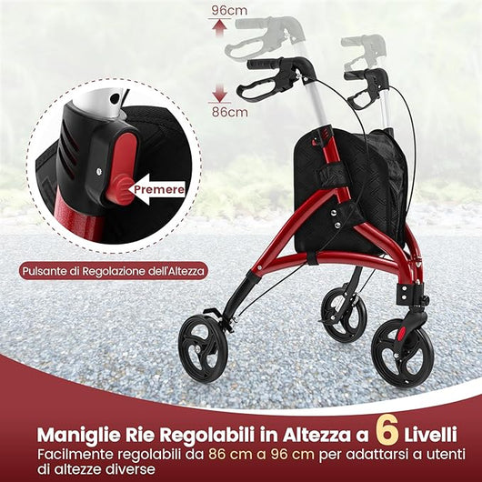 Deambulatore per Anziani in Alluminio Ultraleggero a 3 Ruote, Rollator per Anziani Pieghevole e Regolabile in 6 Livelli 86-96 cm con Borsa e Ruote Bloccabili, Portata 136 kg (Rosso)