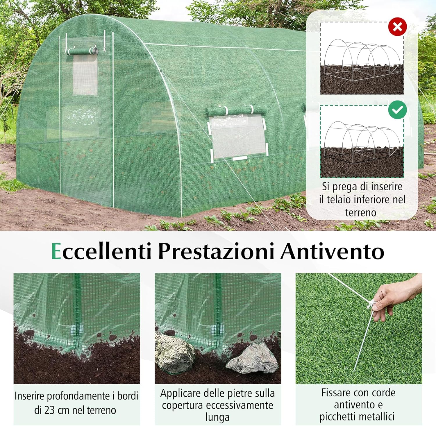 Serra da Giardino, Serra Tunnel per Orto e Piante con Copertura Resistente, Struttura Robusta in Acciaio Zincato, Finestre Avvolgibili e Porte con Cerniera (400 x 300 x 200 cm)