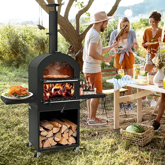 Forno per Pizza da Esterno con Ruote, Forno a Legna per Pizza con Copertura Protettiva, Pala per Pizza, Griglie e Termometro Integrato, per BBQ, Campeggio, Festa [Classe di efficienza energetica A+]