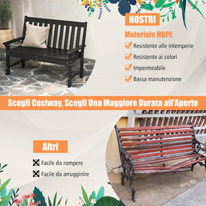 Panchina da Esterno, Panca da Giardino in HDPE Resistente con Schienale e Braccioli, Panchina da Parco, Balcone, Spogliatoio e Cortile, 132 x 65 x 91 cm (Nero)