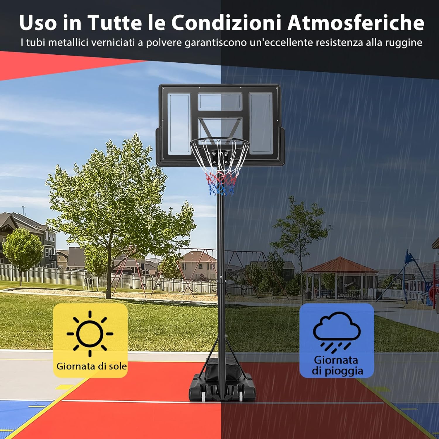 Canestro da Basket Regolabile in Altezza a 11 Livelli, Canestro da Basket Portatile con Tabellone da 110 CM, Base Riempibile e Sacca Peso, Canestro da Basket per Interno ed Esterno