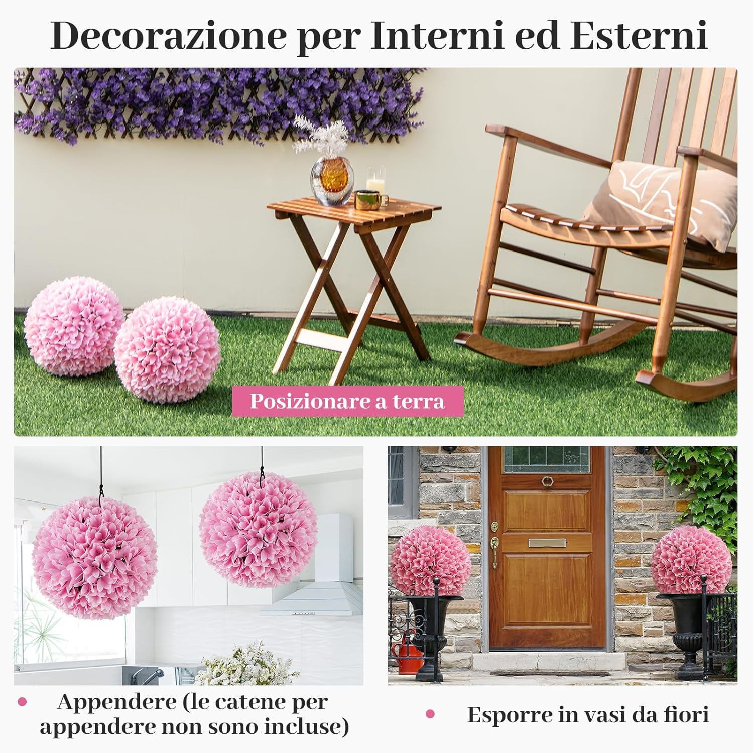 Set di 2 Piante Finte Sfera di Bosso 28 cm per Vaso, Palla di Topiarie Sintetica in PE da Giardino, Piante Artificiali Decorative Arredamento da Interno ed Esterno (Rosa)