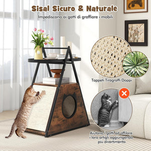 Mobile per Gatti, Tavolino Triangolare 2 in 1 con Condo Nascosto e Tappetini in Sisal, Comodino Moderno per Animali Domestici per Camera da Letto e Soggiorno in Legno e Metallo, 60 x 33 x 76cm