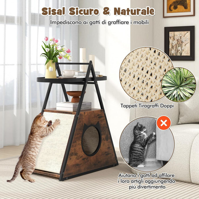 Mobile per Gatti, Tavolino Triangolare 2 in 1 con Condo Nascosto e Tappetini in Sisal, Comodino Moderno per Animali Domestici per Camera da Letto e Soggiorno in Legno e Metallo, 60 x 33 x 76cm