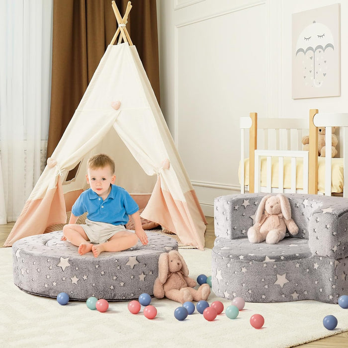 Divano in Schiuma Luminoso al Buio, Divano 2 in 1 per Bambini con Copertura Rimovibile e Lavabile, Poltrona per Bambini 3+ Anni per Cameretta e Soggiorno, 80 x 64 x 40 cm