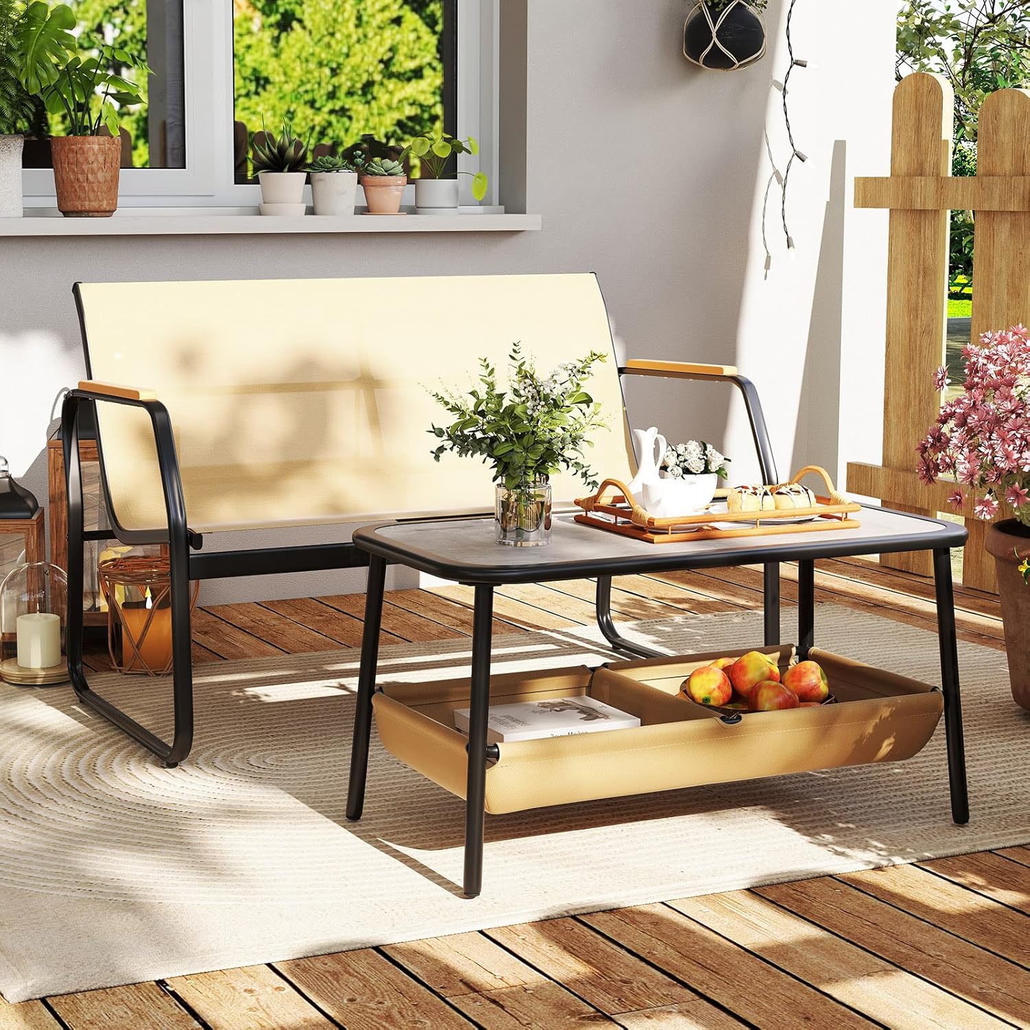 Set Tavolo e Panca da Giardino, Tavolino da Caffè con 2 Scomparti di Stoccaggio, Set Bistro da Esterno in Metallo, per Balcone Veranda, Pancha Portata 300 kg, Tavolo Portata 80 kg