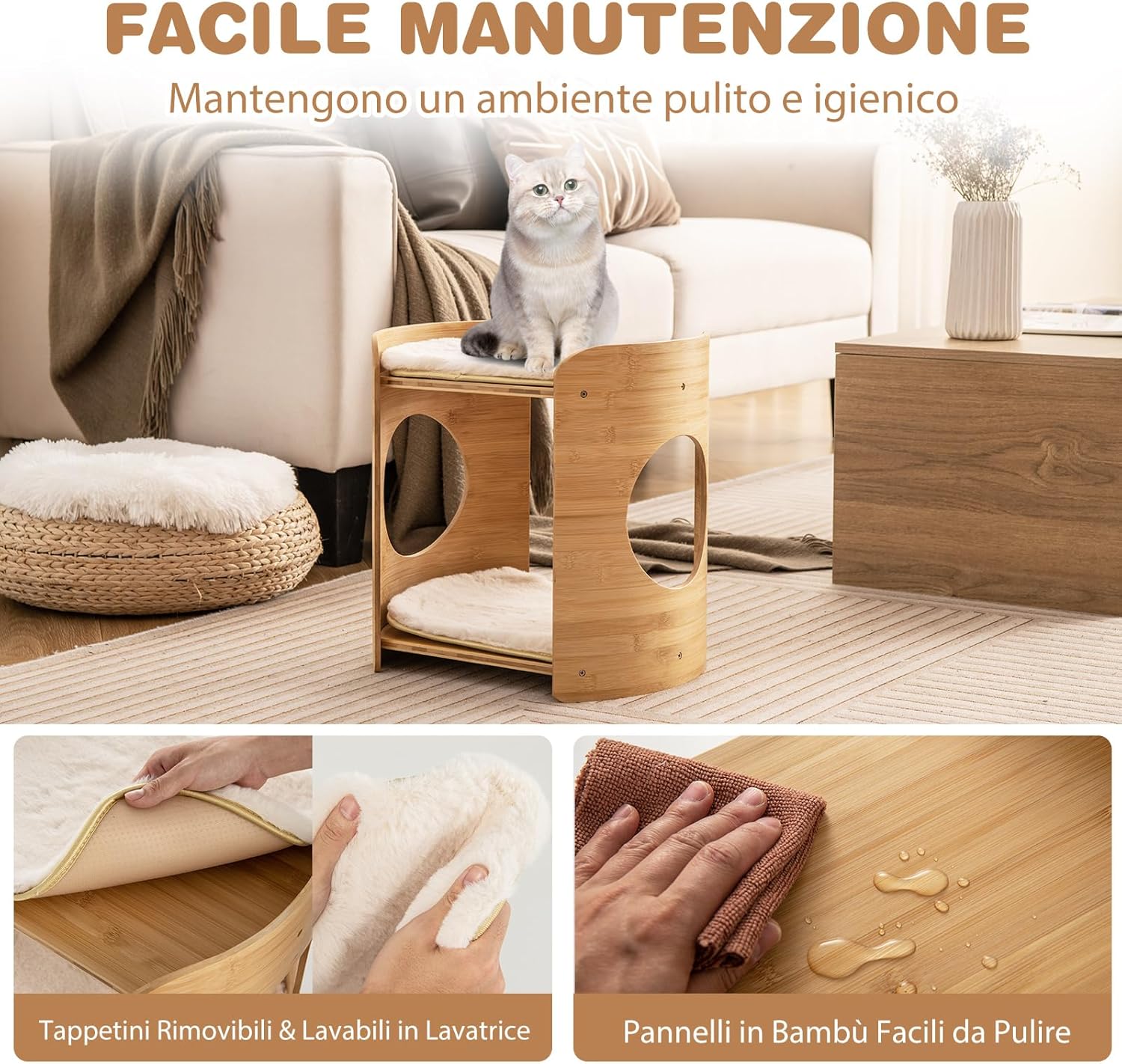 Letto Rialzato per Gatti, Cuccia per Gatti a 2 Livelli da Interno con Struttura in Bambù Naturale, Tappetini Morbidi Rimovibili e Lavabili, Lettino per Cuccioli e Gatti