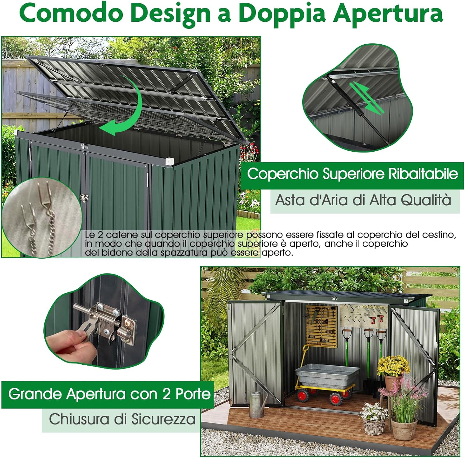 Casetta per Spazzatura Esterna, Capanno da Giardino Bloccabile con Doppie Aperture, 2 Porte e Struttura in Metallo Zincato, Ripostiglio per Patio e Cortile (Verde)