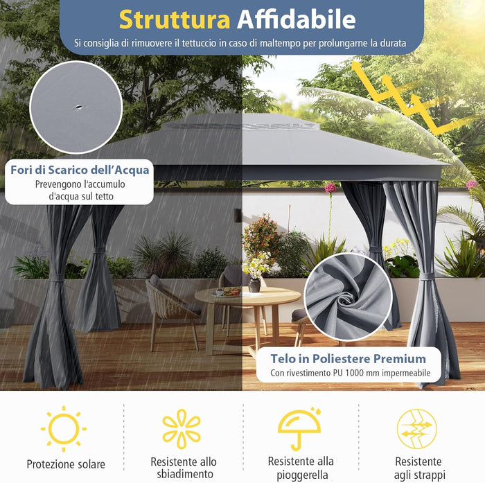 Gazebo da Giardino 397 x 296 cm, Gazebo da Esterno con Zanzariere, Tende, Struttura in Metallo Resistente, con Tetto Impermeabile a Due Strati, per Patio, Giardino e Cortile