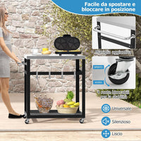 Carrello Grill da Esterno a 2/3 Piani, Supporto per Forno per con Piano e Maniglia in Acciaio Inossidabile, Carrello per Barbecue con Ganci e Ruote, Multiuso(2 Livelli)