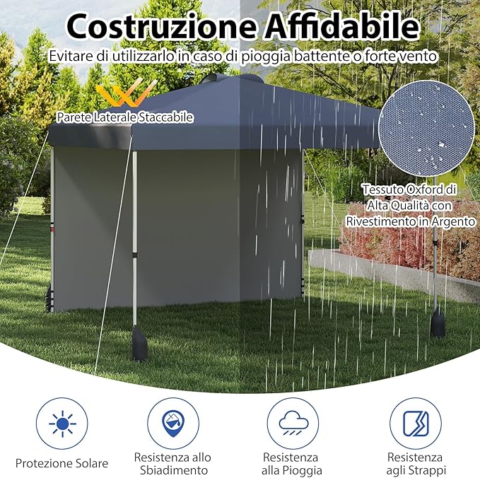 Gazebo Pieghevole 3 x 3 m, Gazebo da Esterno con Borsa con Ruote, Picchetti, Ancoraggi, Corde del Vento, Sacchi di Sabbia e Copertura Ventilata, Tendone Impermeabile per Feste (Grigio)