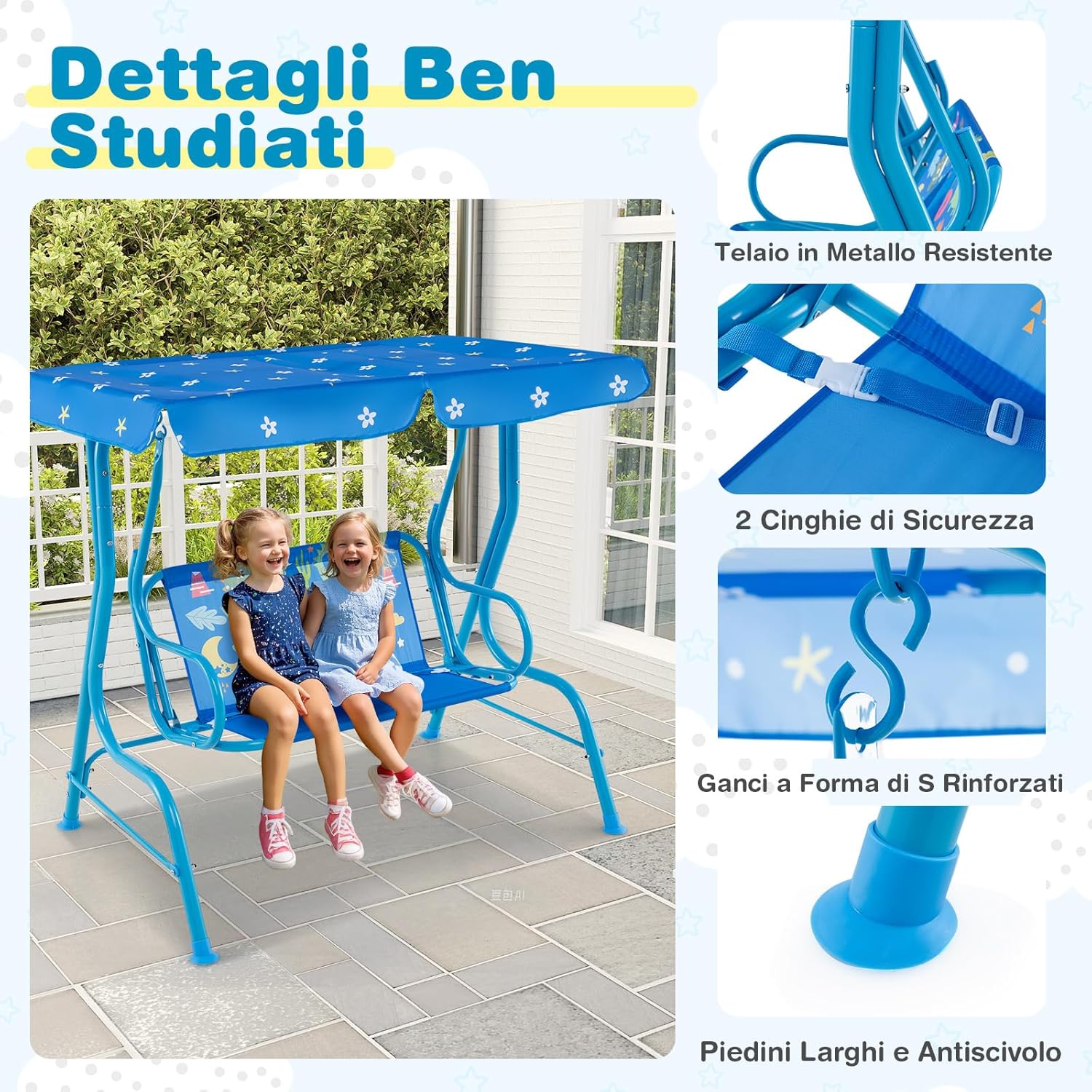 Altalena da Esterno per Bambini, Panchina a Dondolo a 2 Posti con Struttura in Metallo, Tetto Regolabile e Cinture di Sicurezza, per Bambini 3+Anni, Portata 80 kg (Blu)
