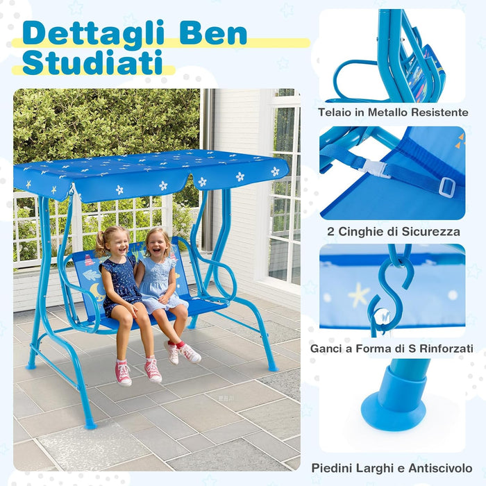 Altalena da Esterno per Bambini, Panchina a Dondolo a 2 Posti con Struttura in Metallo, Tetto Regolabile e Cinture di Sicurezza, per Bambini 3+Anni, Portata 80 kg (Blu)