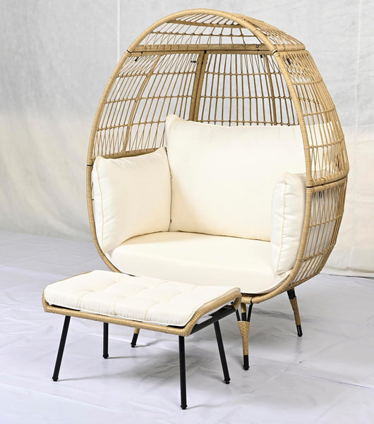 Sedia a Uovo con Poggiapiedi, Set da 2 Pezzi in Rattan con Struttra in Metallo e Cuscini Morbini, Portata 205 kg, Poltrona Relax per Soggiorno, Terrazzo, Giardino e Cortile