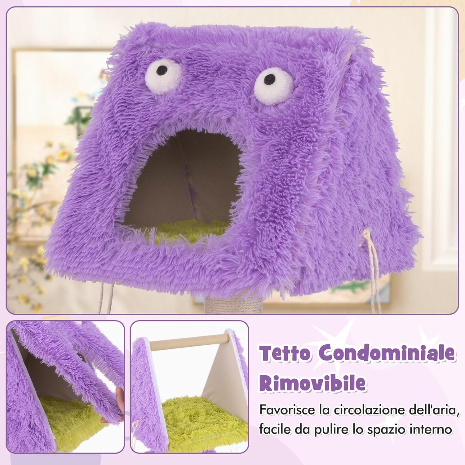 Albero per Gatti, Torre di Gatti a Tema Mostro Carina con 2 Nidi Privati, Palo per Graffio in Sisal e Giocattoli Pendenti, Centro Attività a 3 Livelli per Gatti