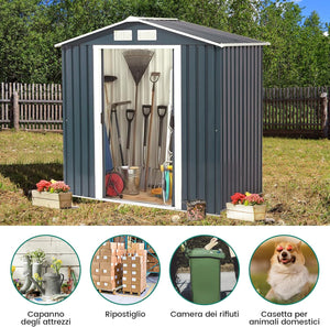 Casetta da Giardino in Acciaio 2,7㎡, con Base, Porte Scorrevoli, Maniglie, Sfoghi e Tettoia, Capanno da Esterno per Giardino, Fattoria e Cortile, 213 x 127 x 185 cm (Grigio Scuro)