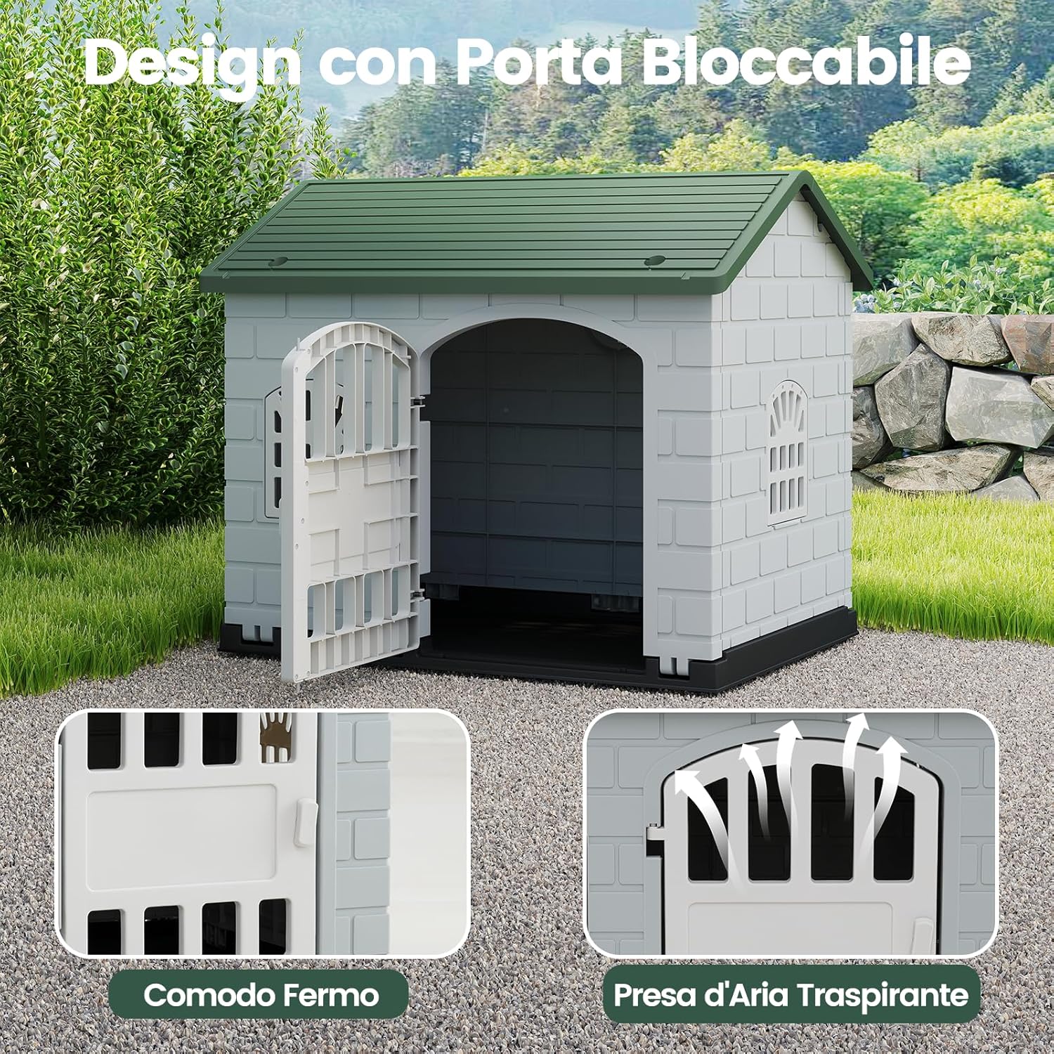 Cuccia per Cani da Esterno ed Interno, Cassetta per Cani con Porta Bloccabile, 3 Finestre e Tetto Inclinato, Cucce per Cagnolino in Plastica Impermeabile (Verde)