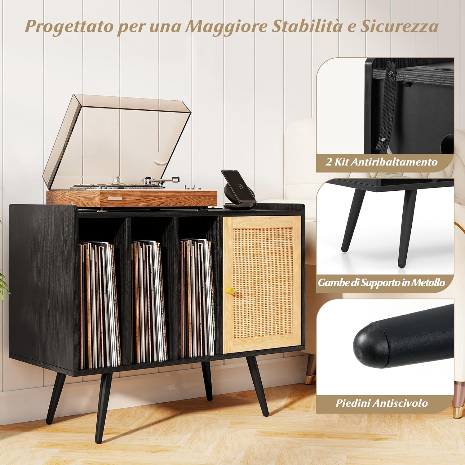 Supporto per Giradischi con Stazione di Ricarica, Credenza per Giradischi con Armadietto di Rattan, Mensole Regolabile, per 220 Album, Mobile Cucina Salvaspazio per Vinile (Nero)