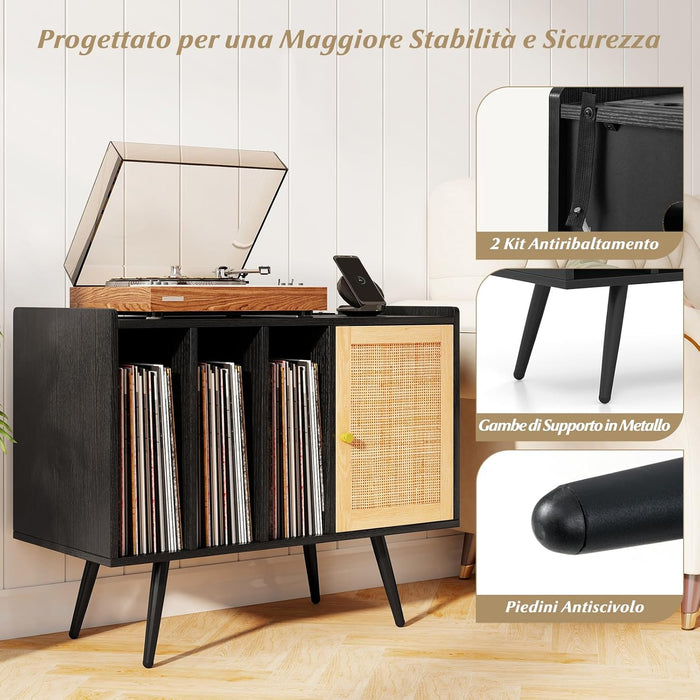 Supporto per Giradischi con Stazione di Ricarica, Credenza per Giradischi con Armadietto di Rattan, Mensole Regolabile, per 220 Album, Mobile Cucina Salvaspazio per Vinile (Nero)