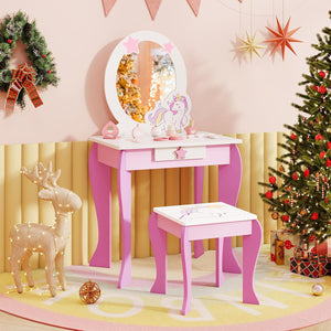 Set Toeletta per Ragazza, Toeletta Trucco per Bambini con Sgabello, Specchio Staccabile e Cassetto, Postazione Trucco in Legno per Cameretta 49.5 x 35.5 x 89cm (Rosa)
