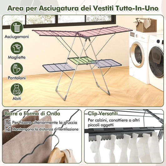 Stendibiancheria da Pavimento a 2 Piani Pieghevole con Ali Regolibili, Stendino in Acciaio Inox con Antiscivolo, Stendi Biancheria Salvaspazio per Interno ed Esterno, 141 x 58 x 130 cm, Grigio