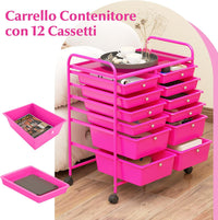 Carrello con 12 Cassetti con Ruote, Carrello di Stoccaggio Multiuso con Ampio Spazio di Archiviazione, Ideale per Casa Ufficio Domestico, 73,5 x 37 x 63 cm (Rosa)