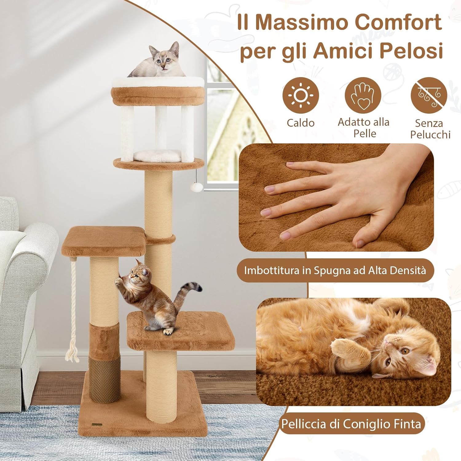 Tiragraffi per Gatto Alto 165 cm, Albero Tiragraffi Gatto con 4 Piattaforme, 4 Pali Sisal, Spazzola, Corda e Palla Pompon, Torre Tiragraffi per Gatti Imbottito Rimovibile, Caramello