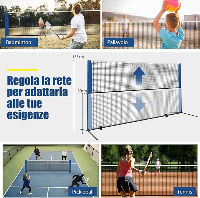 Rete da Badminton 310/420 cm Portatile e Regolabile in Altezza, Set di Rete da Badminton con 2 Volani, Tappi per Piedi, Morsetti e Borsa, per Pallavolo e Pickleball