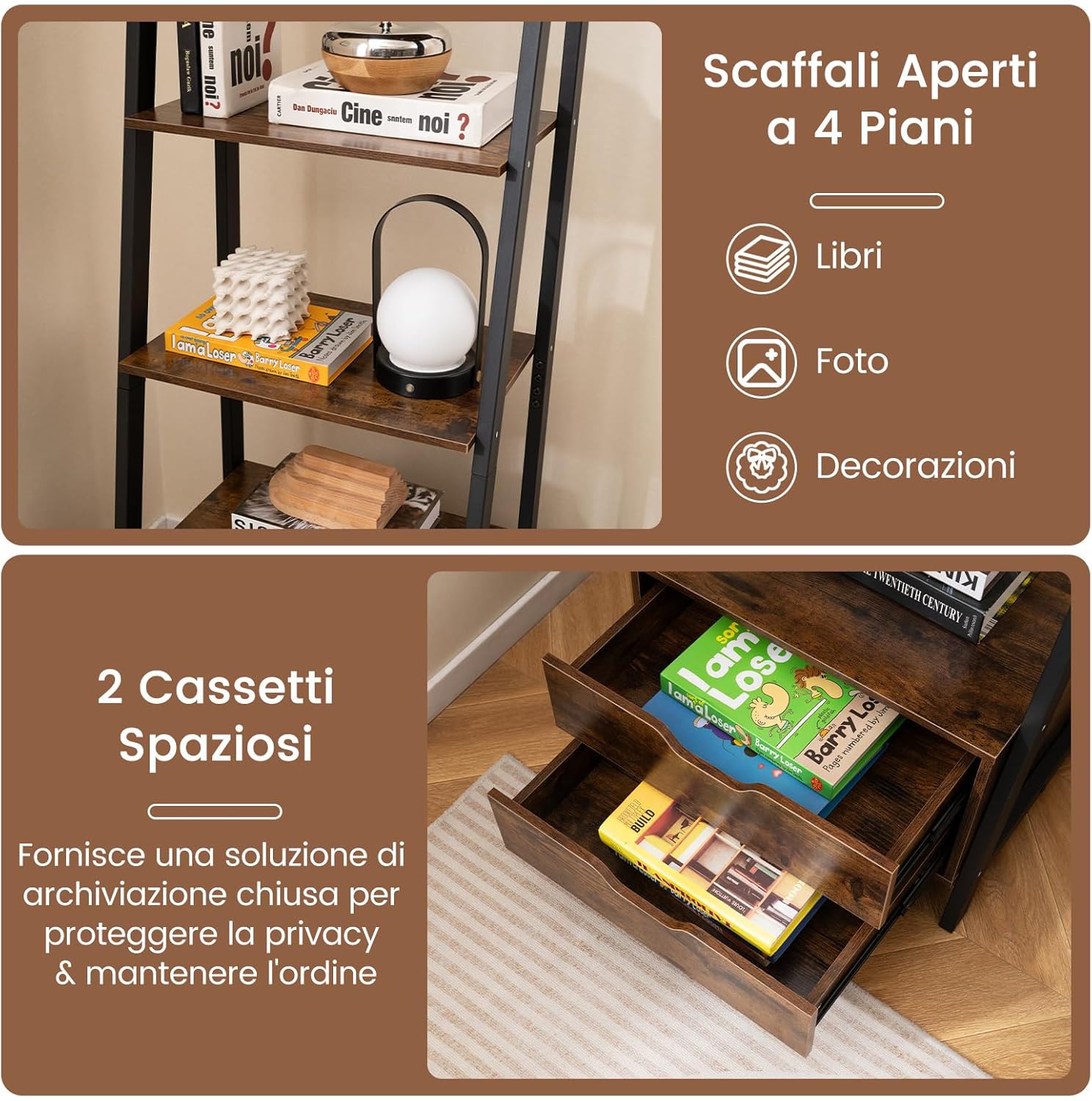 Scaffale a Scala, Libreria in Legno a 4 Ripiani con 2 Cassetti, Scaffale Salvaspazio da Terra per Camera da Letto, Studio, Ufficio e Soggiorno, 52 x 39,5 x 134 cm (Marrone)