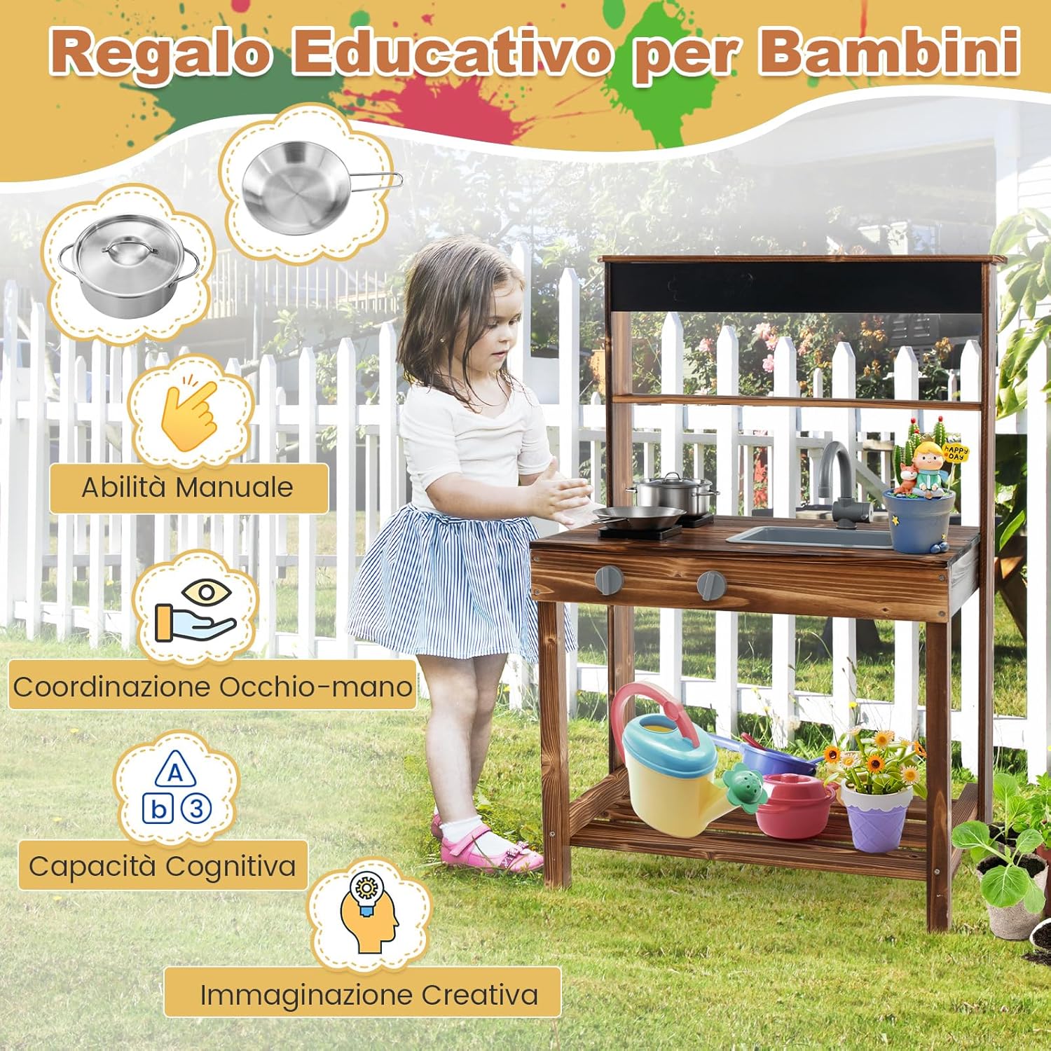 Cucina Giocattolo per Bambini, Cucina per Bambini in Abete Cinese con Rubinetto Girevole e Lavandino Rimovibile, Fornelli e Manopole, Lavagna, per Bambini 3-7 Anni