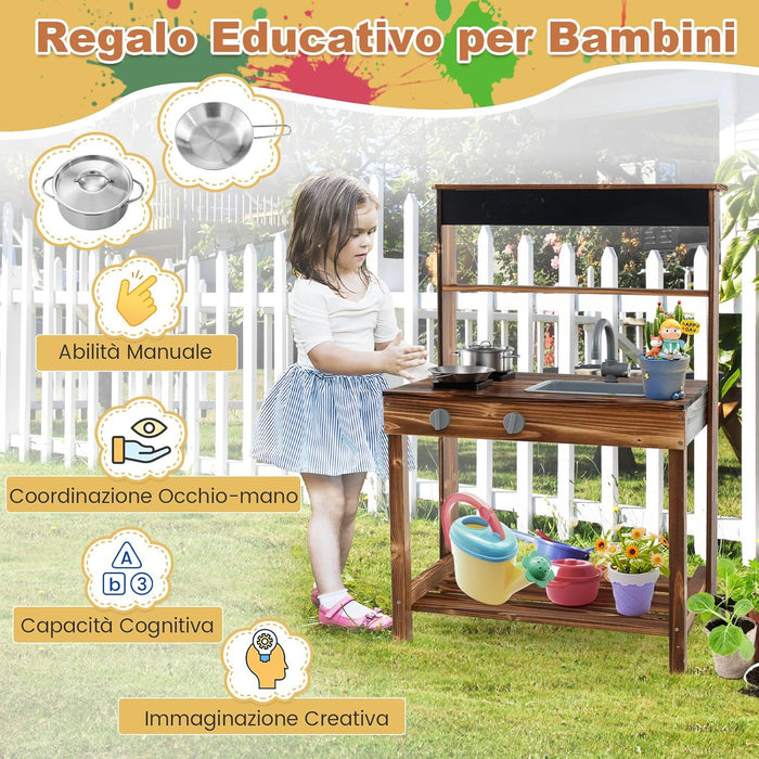 Cucina Giocattolo per Bambini, Cucina per Bambini in Abete Cinese con Rubinetto Girevole e Lavandino Rimovibile, Fornelli e Manopole, Lavagna, per Bambini 3-7 Anni