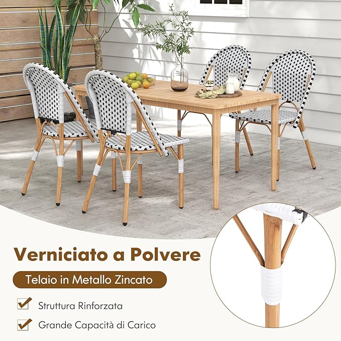 Set di 2 Sedie da Bistrot, Sedia da Pranzo Senza Braccioli con Rattan Intrecciato, Sedia da Giardino con Telaio in Metallo Zincato, Portata 150 kg, 56,5 x 41 x 88,5 cm