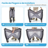 3-in-1 Lettino da Campeggio per Bambini, Lettino Portatile per Neonati con Fasciatoio, Culla Pieghevole con Materasso e Borsa da Trasporto, 2 Ruote Bloccabili, per Bambini 0-36 Mesi