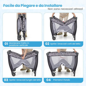 3-in-1 Lettino da Campeggio per Bambini, Lettino Portatile per Neonati con Fasciatoio, Culla Pieghevole con Materasso e Borsa da Trasporto, 2 Ruote Bloccabili, per Bambini 0-36 Mesi