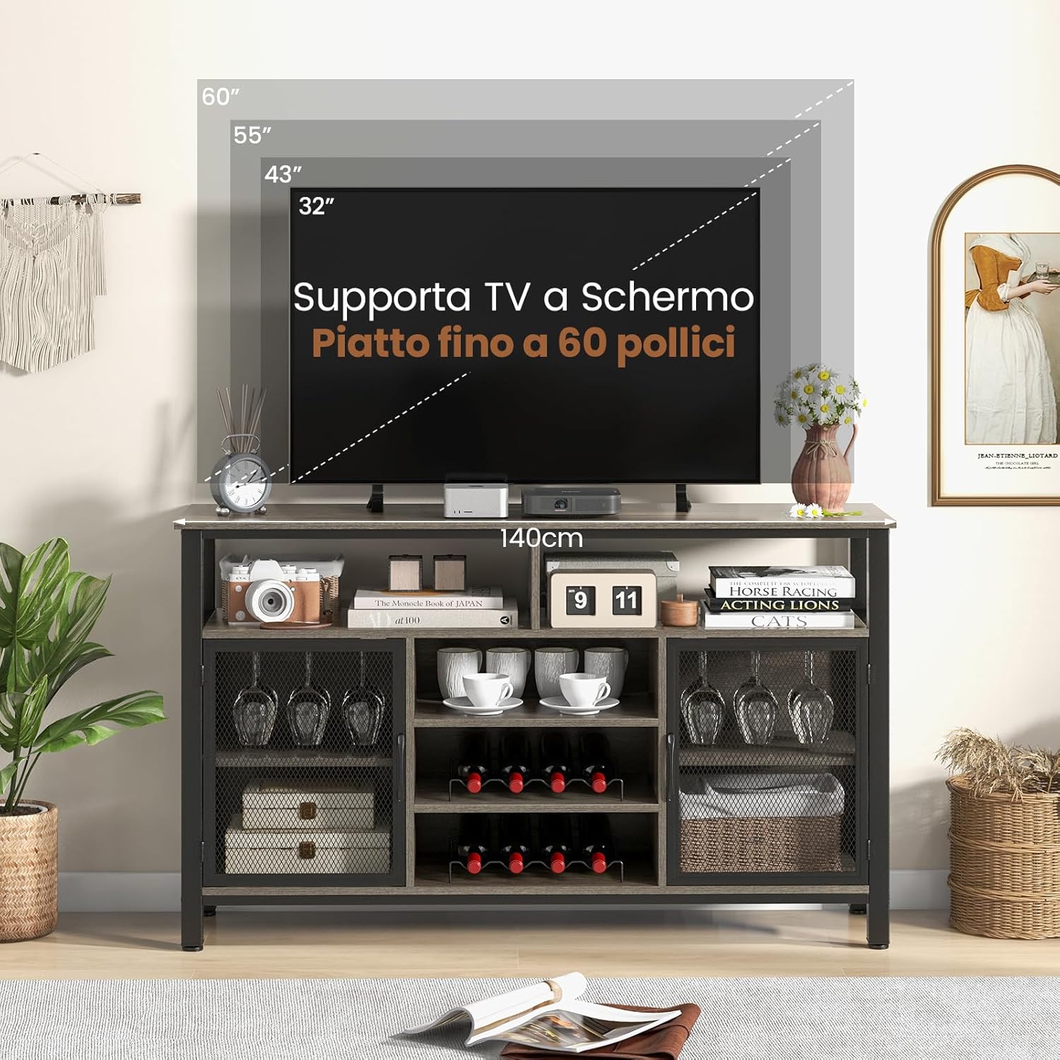 Mobiletto Portabottiglie, Credenza Cucina con Porta Bottiglie di Vino, Mensola Aperta, per Soggiorno, Cucina, Bar, 140 x 40 x 82,5 cm (Grigio)