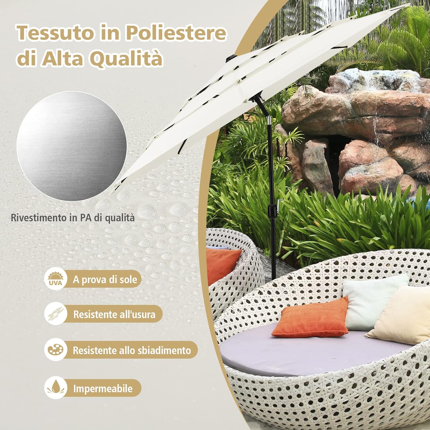 Ombrellone da Giardino 293 cm a 3 Livelli, Ombrellone da Esterno con Doppia Ventilazione, Inclinazione Regolabile, con Manovella 8 Stecche, Ombrellone da Spiaggia Giardino Piscina (Beige)