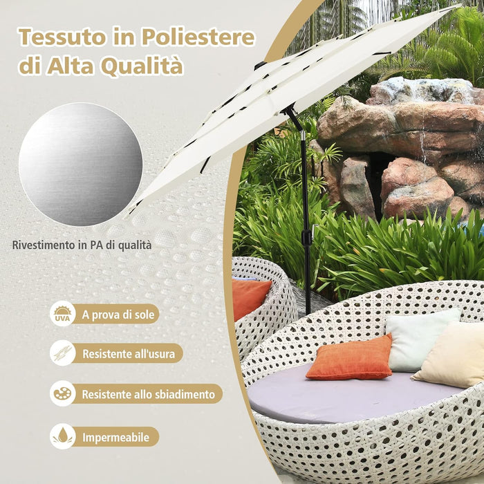 Ombrellone da Giardino 293 cm a 3 Livelli, Ombrellone da Esterno con Doppia Ventilazione, Inclinazione Regolabile, con Manovella 8 Stecche, Ombrellone da Spiaggia Giardino Piscina (Beige)