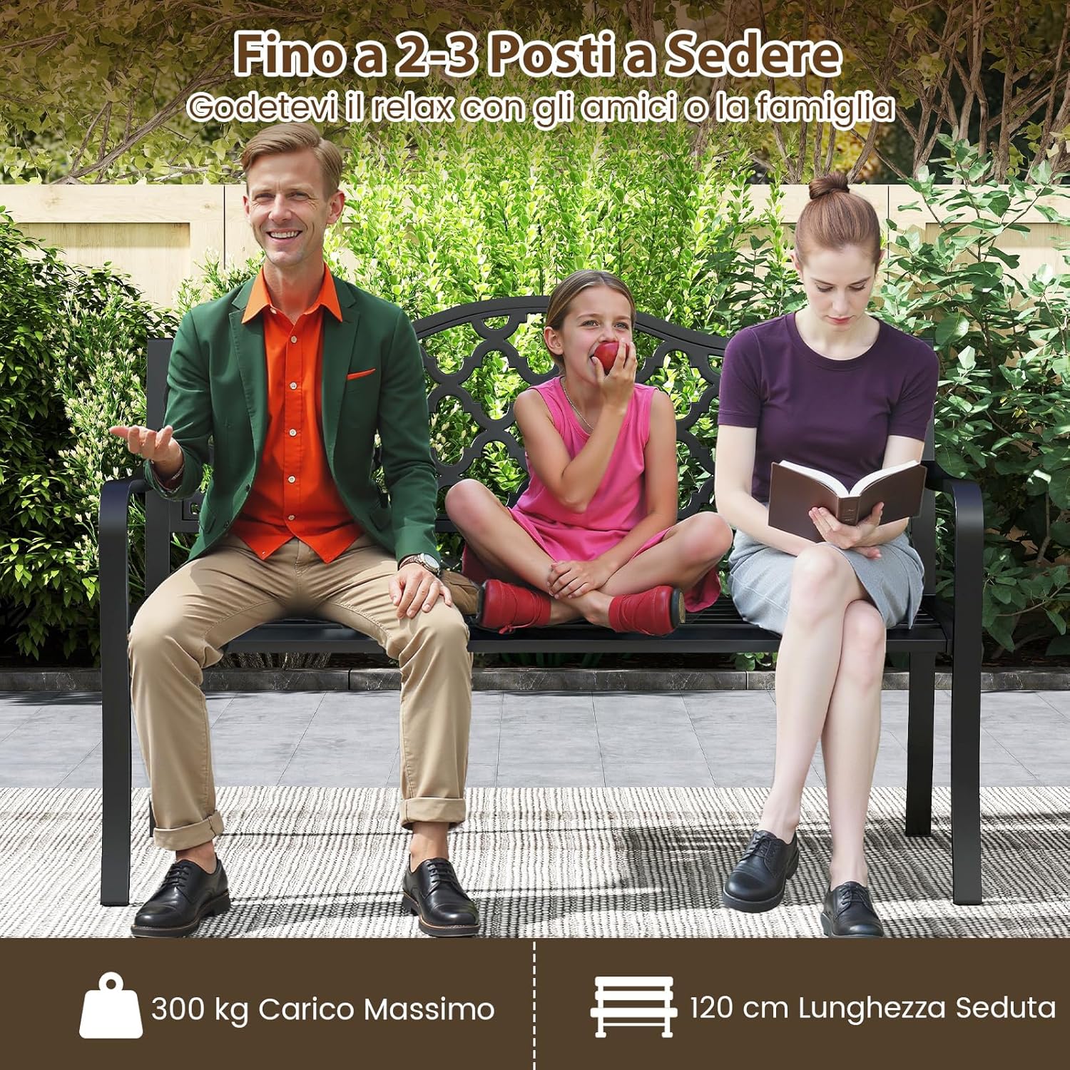 Panchina da Esterno in Metallo 128 x 54 x 89 cm per 2-3 Persone, Panca da Giardino con Doghe e Braccioli Curvati per Piscina e Veranda, Nero