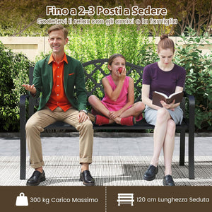 Panchina da Esterno in Metallo 128 x 54 x 89 cm per 2-3 Persone, Panca da Giardino con Doghe e Braccioli Curvati per Piscina e Veranda, Nero