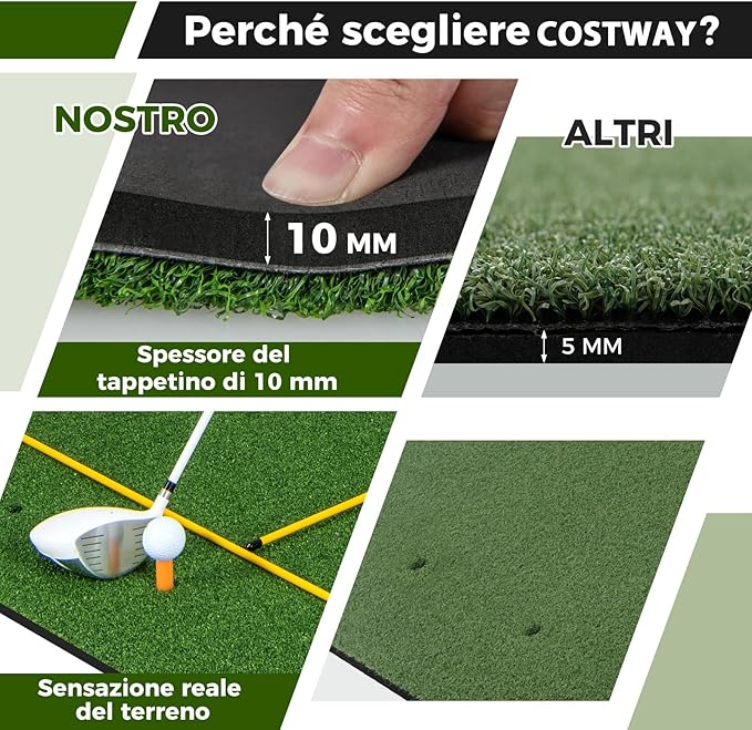 Tappeto da Allenamento Golf 3-in-1, Tappetino da Allenamento in Erba Sintetica con 2 Punte da Golf, 2 Aste di Allineamento e 3 Fori Preforati per le Punte