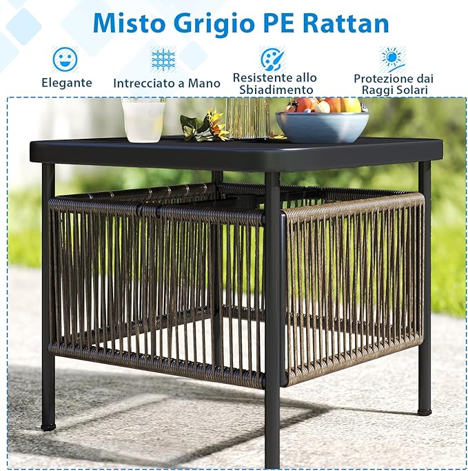 Tavolino da Giardino con Foro per Ombrellone 4 cm, Tavolino da Patio per Veranda, con Gambe in Metallo, Portata 50 kg