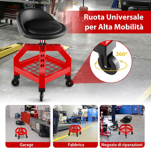 Sgabello da Officina, Sgabello Meccanico Rotante con Vassoio Porta Attrezzi, Regolabile in Altezza e 4 Ruote Universali, capacità di 150 kg, per Garage, Officina (Rosso)