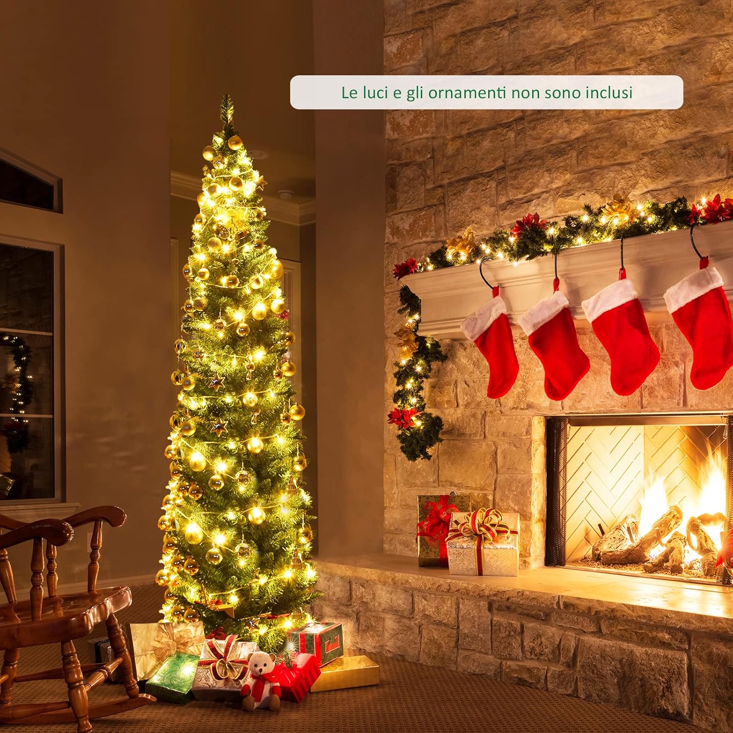 Albero di Natale 150/180/210/240 cm, Albero di Natale Slim con 220/400/700/1000 Rami Folti e Realistici e Base in Metallo, Albero di Natale Artificiale per Casa e Negozio, Verde (210 cm)