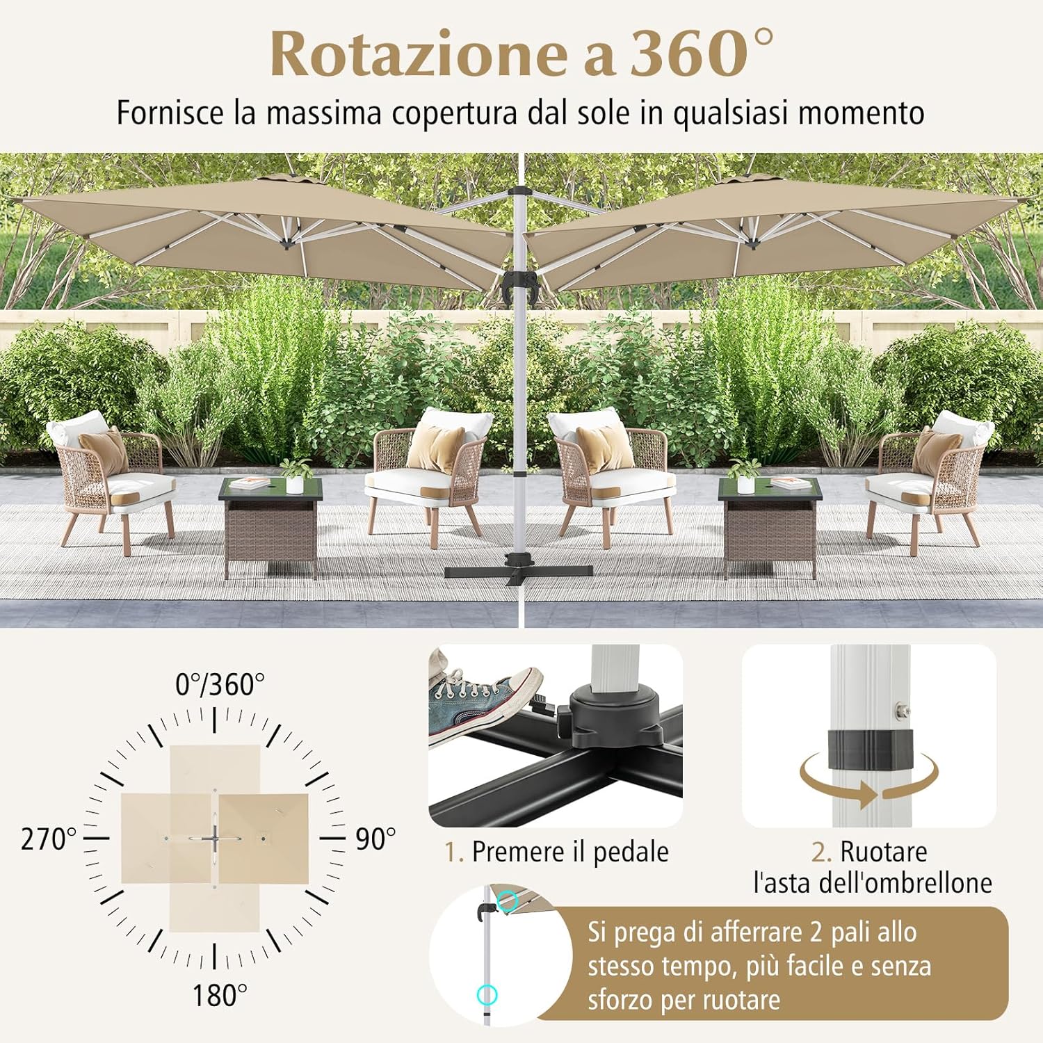 Ombrellone da Giardino 300 cm, Ombrellone Quadrato da Esterno con Rotazione a 360°, Inclinazione Regolabile, Base a Croce, 8 Stecche (Beige, 300 x 300 x 261 cm)