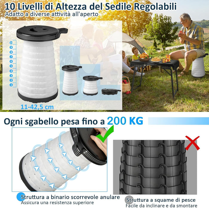 Set Tavolo da Campeggio con 2 Sgabelli LED Pieghevole, Set Tavolino Richiudibile in Valigetta Portatili, con Maniglia, Leggero, per Giardino Picnic BBQ