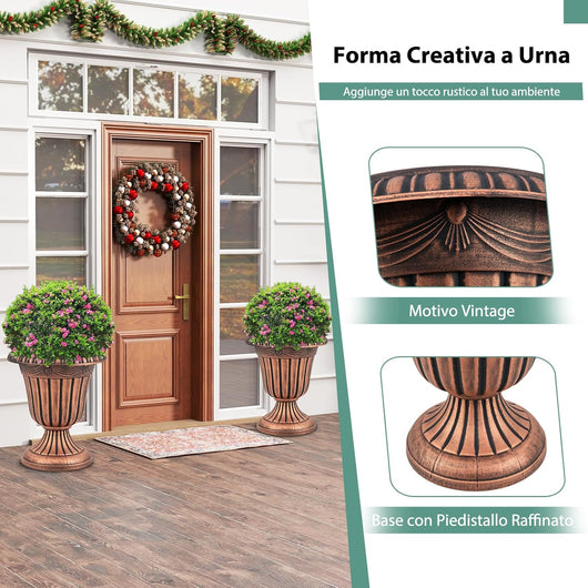 Set di 2 Vasi Alti, Vasi per Fiori in Plastica a Forma di Urna con Base a Piedistallo e Foro di Drenaggio, Contenitori Decorativi per Piante per Interni ed Esterni (Bronzo)