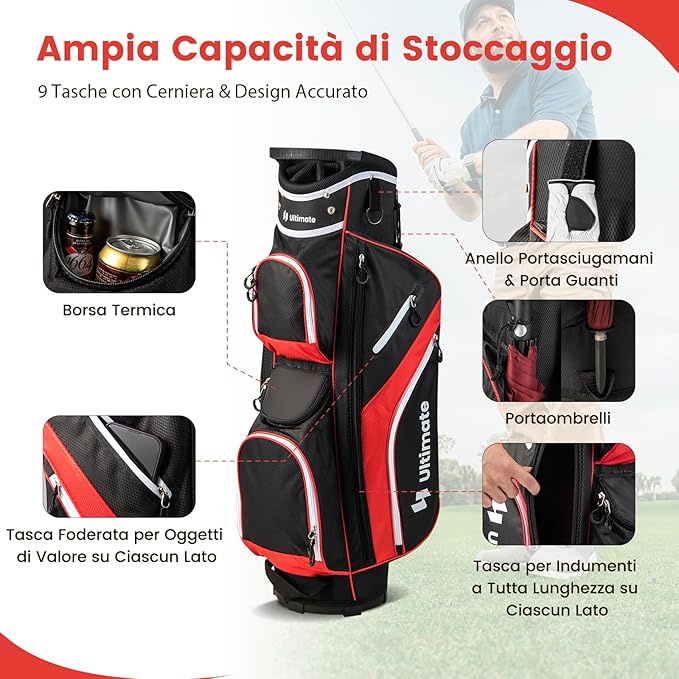 Borsa da Golf con Divisori Superiori a 14 Vie, 9 Tasche, Tasca Termica, Tasca per Scarpe, Porta Ombrello, Doppia Tracolla e Cappuccio Antipioggia, Sacca da Golf per Uomo e Donna