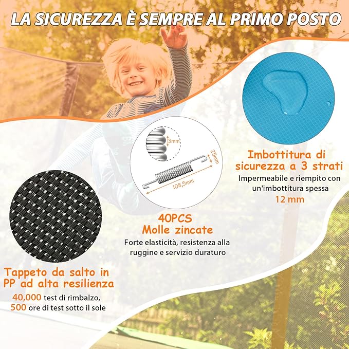 Trampolino Rettangolare per Bambini 3-in-1 190 x 124 cm, Tappetto Elastico per Bambini da Esterno ed Interno con Rete, Altalena, Barra, Copertura e Design senza Fessure